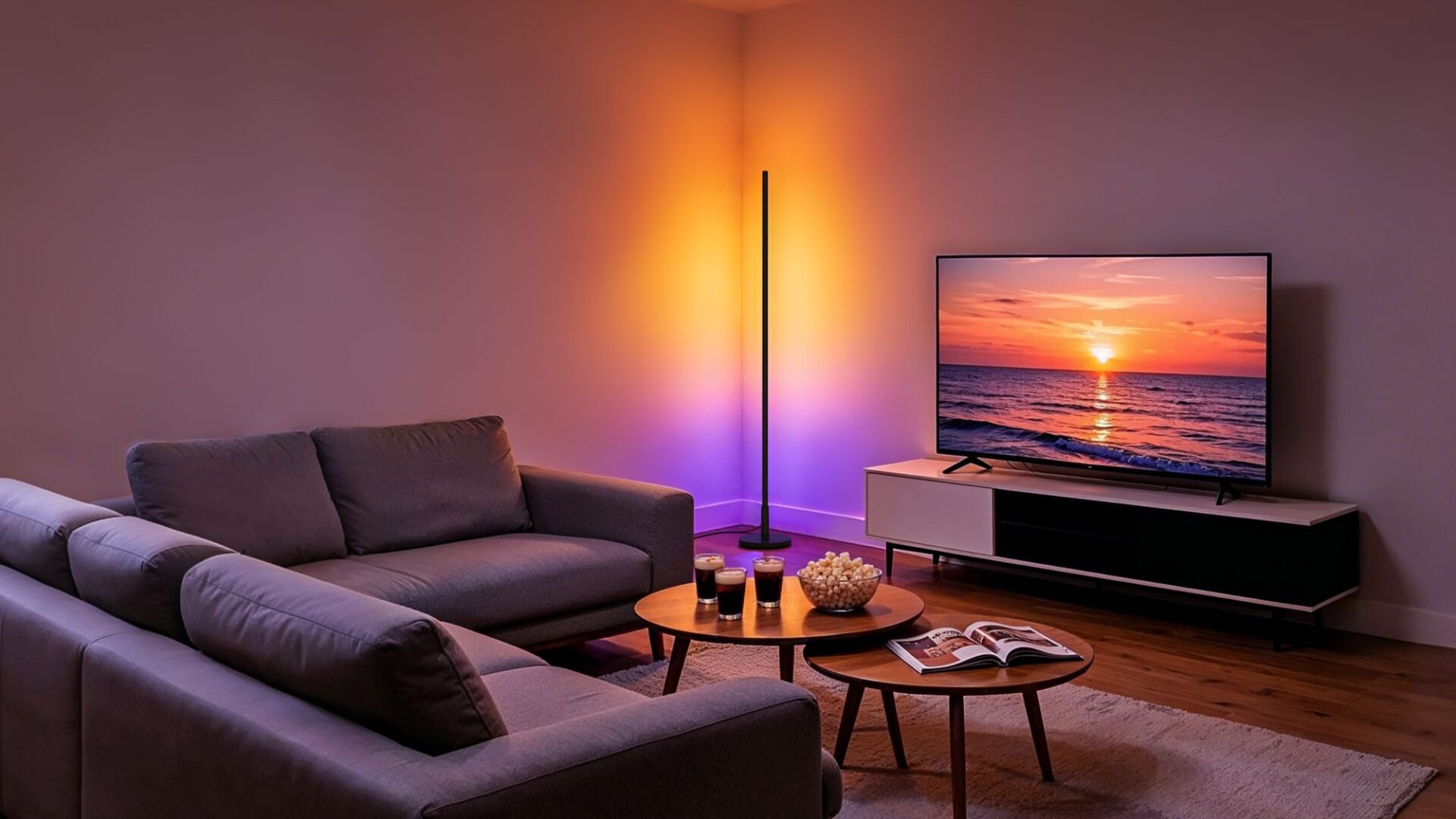 Aqara Floor Lamp T1 washing a living-room wall with gradient light